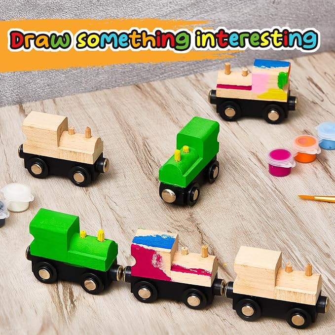 Halloscume 30 Pcs Unfinished DIY Wooden Trains Magnetic Unpainted Wooden Train Cars Toys for Railway Paint Project, Birthday Party Decorations Back to School Crafts Gifts Supplies (Classic)