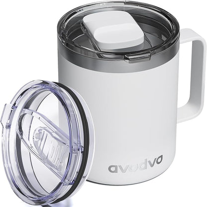 12oz Insulated Coffee Mug with Lid – Includes Two Lids, Stainless Steel Coffee Travel Mug with Handle, Double Wall Vacuum Insulated Camping Mug for Home, Office & Outdoor, White