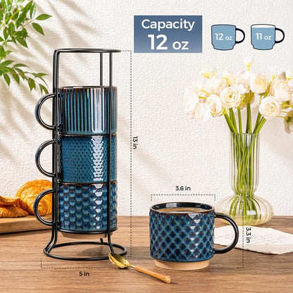 GBhome 12 OZ Stackable Coffee Mugs Set of 4, Ceramic Coffee Cups Set | Coffe Cups With Saucer and Stand, Dishwasher&Microwave Safe, 4 Assorted Designs