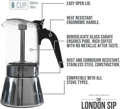 The London Sip Glass and Stainless Steel Stovetop Espresso Maker Moka Pot Italian Coffee Percolator, Glass, Medium (10.14 oz)