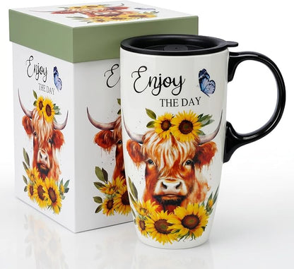 Topadorn 17oz Ceramic Travel Mug with Lid, Highland Cow Coffee Mug | Farmhouse Ceramic Coffee Cup with Handle, Gift Box Included, Dishwasher & Microwave Safe