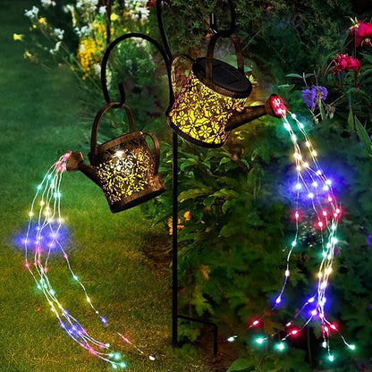 Merear Solar Watering Can Lights Outdoor with 8 Multi-Color Changing Modes, IP65 Waterproof Landscape Light Garden Decor, One Pole Two Lights Outside Decorations for Lawn, Backyard, Patio, Chrismas