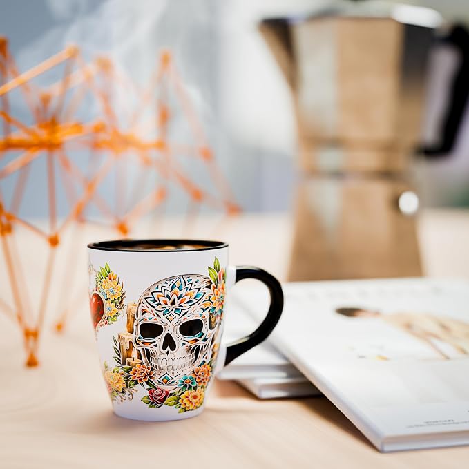 Color Changing Sugar Skull Coffee Mug 12oz – Heat Sensitive Ceramic Cup with Day of the Dead Skull & Floral Design, Gothic Halloween Theme Mug, Unique Christmas Holiday Birthday Gift for Men & Women