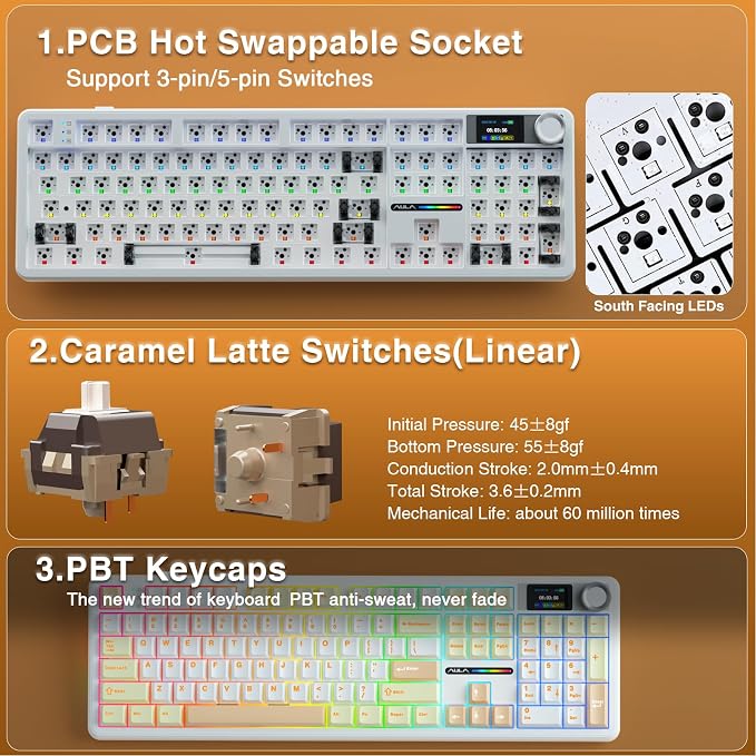 AULA F108 PRO - Wireless Mechanical Keyboard with Screen&Knob,Hot Swappable Gaming Keyboard with 8000mAh Battery,Pre-lubed Switches,RGB Backlit,PBT Keycaps Creamy Sounding Computer Keyboards,104 Keys