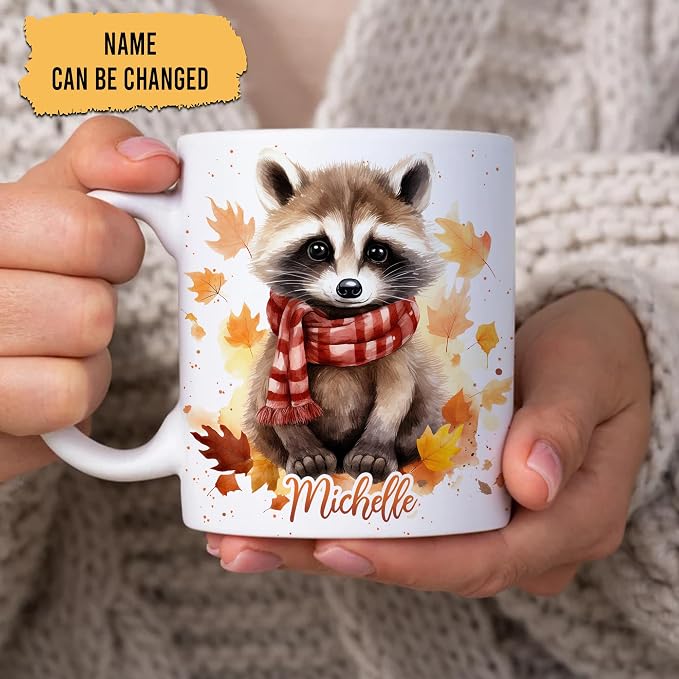 Hyturtle Personalized Fall Raccoon Maple Leaves Mug, Fall Autumn Décor | Birthday Gifts For Raccoon Lovers - Unique Autumn Gift Ideas For Thanksgiving - Custom Name 11oz White Ceramic Coffee Tea Mu