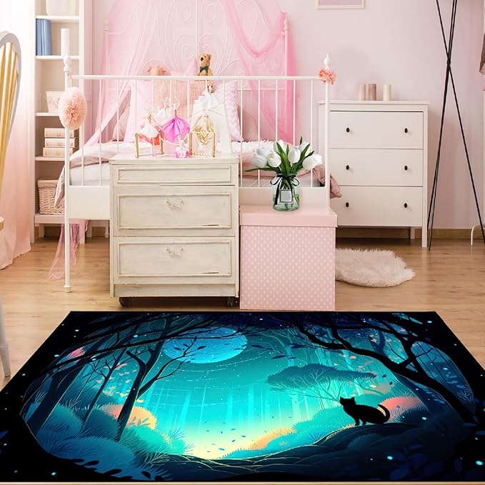 Cat Rug - Magic Black Cat Rug for Home Decor Moon Black Cat Rug for Boys Room Cat Door Mats Outdoor Entrance Forestscape Cat Rug, 2x3 Feet