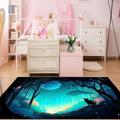 Cat Rug - Magic Black Cat Rug for Home Decor Moon Black Cat Rug for Boys Room Cat Door Mats Outdoor Entrance Forestscape Cat Rug, 2x3 Feet