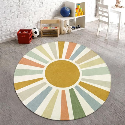 Boho Washable Rug 5 Ft Round Area Rug for Bedroom, Rainbow Circle Kids Rug for Office, Non-Slip Circluar Carpet Soft Sunshine Rug for Dorm Nursery Sofa Living Room Corner