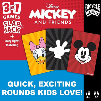 Bicycle Disney Mickey and Friends 3-in-1 Card Games, Matching, Crazy Eights & Slap Jack, Featuring Mickey Mouse, Donald Duck & Goofy, Kids Card Games Ages 4+, Family Games for 2-6 Players