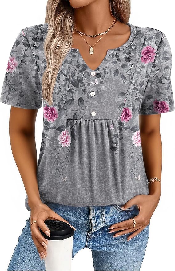 Zeagoo Womens Short Sleeve Tops Summer Henley V-Neck Tshirts Casual Pleated Blouse Dressy Loose Floral Basic Tee