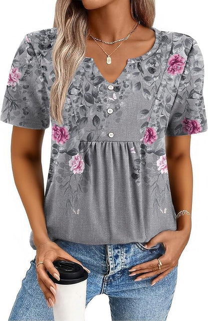 Zeagoo Womens Short Sleeve Tops Summer Henley V-Neck Tshirts Casual Pleated Blouse Dressy Loose Floral Basic Tee