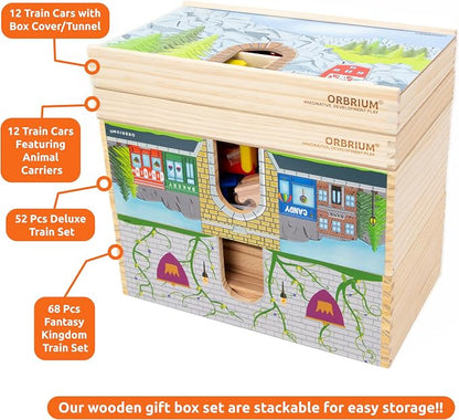 Wooden Train Set Deluxe 52 Pcs with Storage Gift Box Tunnel 9 Layouts Magnetic Trains STEM Montessori Toys Playset for Grandkids Toddler Boys Girls Kids 3+ compatible with Thomas Brio Melissa and Doug