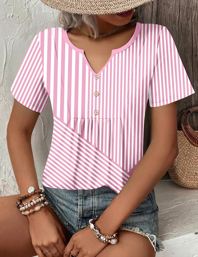 Zeagoo Womens Short Sleeve Tops Summer Henley V-Neck Tshirts Casual Pleated Blouse Dressy Loose Floral Basic Tee