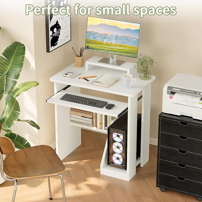 ALISENED 30 Inch Computer Desk, with Keyboard Tray & Monitor Stand | Compact Desk for Space-Saving, Ergonomic Study Desk with Storage Shelves for Writing, Gaming, Working, White
