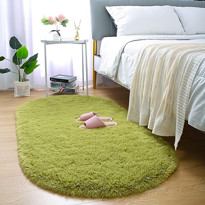 Merelax Soft Shaggy Rug for Kids Bedroom, Oval 2.6'x5.3' Green Plush Fluffy Carpets for Living Room, Furry Carpet for Teen Girls Room, Anti-skid Fuzzy Comfy Rug for Nursery Decor Cute Baby Play Mat