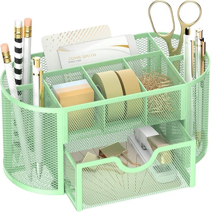 Mesh Desk Organizer with Drawer, 9-Compartment Pen Holder for Desk, Green | Pull-Out Drawer Stores Pens, Pencils, Clips, Notes, and Small Office or School Supplies in One Compact Desk Caddy