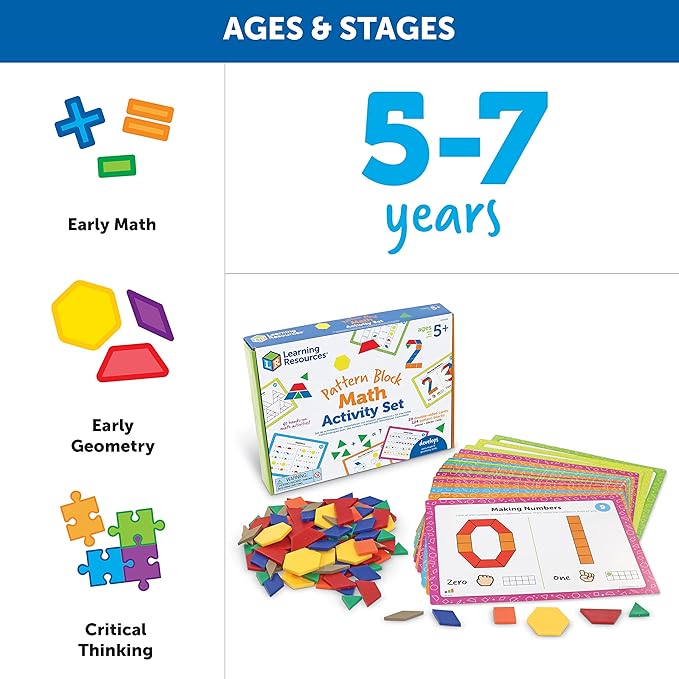Learning Resources Pattern Block Math Activity Set - 144 Pieces, Age 5+, Educational Kindergartner Games, Fine Motor Skills