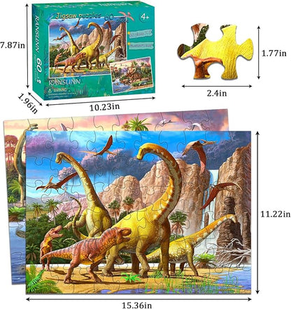 RANSUNN Dinosaur Puzzles for Kids Ages 6-8 4-6 Year Old - World of Huge Dinosaurs,2 Packs 60 Pieces Jigsaw Puzzle for Toddler Children Learning Educational Puzzles Toys for Boys and Girls.