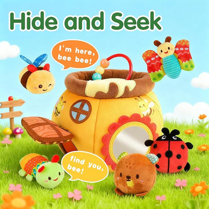 Baby Toys 6-12 Months - Soft Beehive with 5 Stuffed Animals, Rattle, Crinkle, Mirror, Montessori Sensory Toys for Babies 6 7 8 9 10 Month Old Boy Girl 1 Year Old Birthday Shower Gifts Toddler Ages 0-2