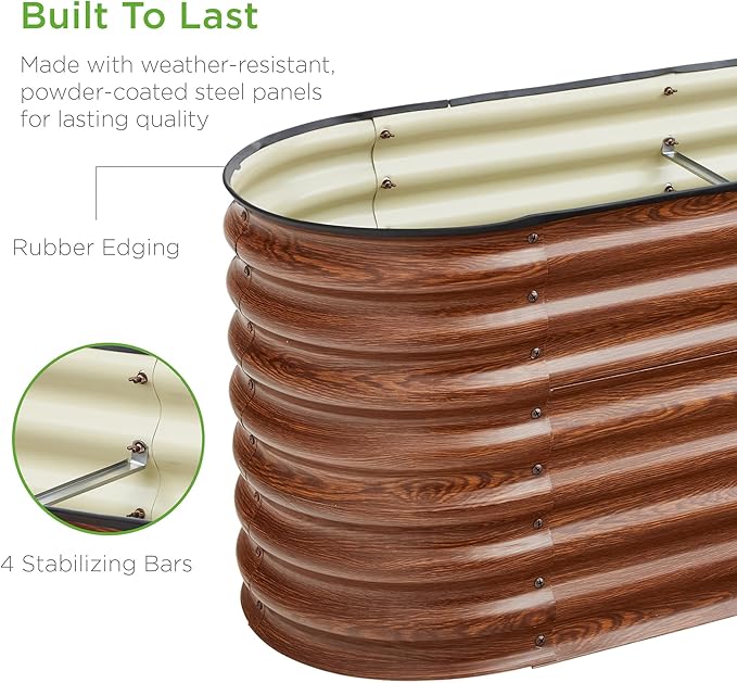 Best Choice Products 8x2x2ft Metal Raised Garden Bed, Oval Outdoor Deep Root Planter Box for Vegetables, Herbs w/ 4 Support Bars, 215 Gal Capacity - Wood Grain