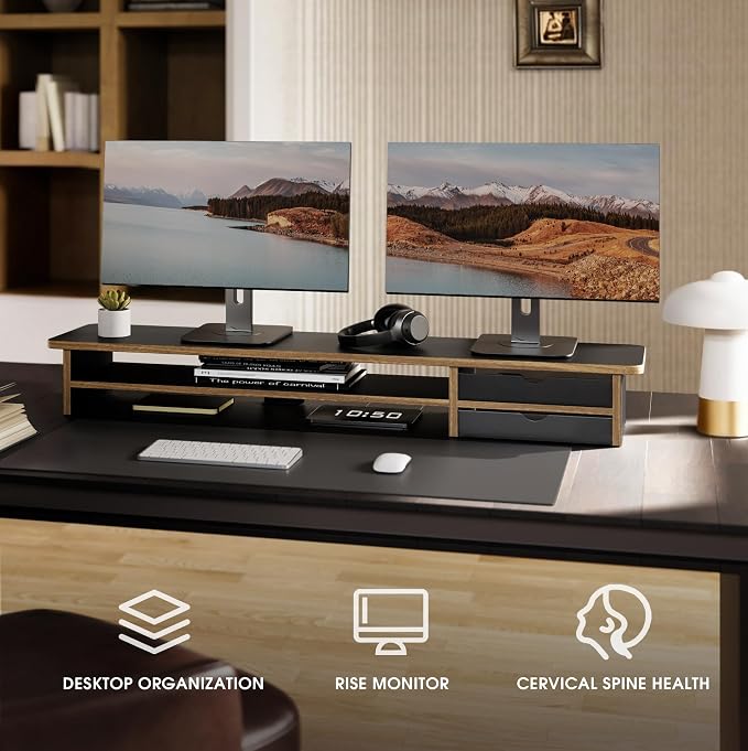 Fenge Monitor Stand, Dual Monitor Riser, 42.5inch Large Desk Computer Monitor Stand Riser with Drawer, 2 Tier Wood & Acrylic Desktop Organizer with Cable Management