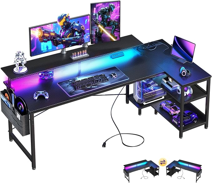 ODK 66 Inch L Shaped Gaming Desk with LED Lights, Power Outlets, Black | Adjustable Monitor Stand, Open Storage Shelves, Hanging Side Bag, PC Tower Stand, Reversible Layout for Gaming