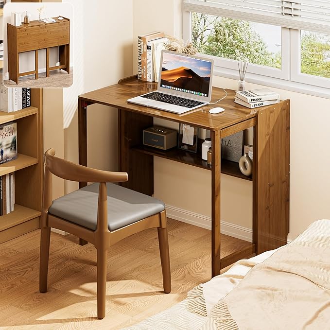 Bamboo Folding Desk for Small Spaces, Small Computer Foldable Desk, Brown | Space Saving Desk for Bedroom Home Office, Mid Century Sofa Table for Couch, Writing Work Office Desk