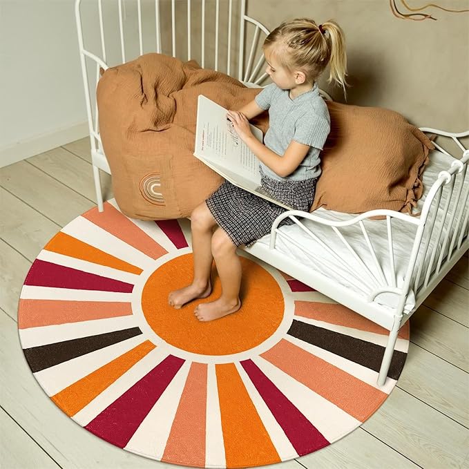 Round Washable Rug 4 Ft Small Round Rug for Kids Room, Orange Sun Circle Rug for Playroom, Non-Slip Circular Office Carpet Soft Rainbow Rug for Bedroom Reading Corner Dorm