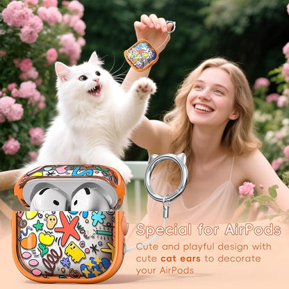 for AirPods 4 Case with Cleaning Kit, Cute Cat Ear Print Design & Cute Buckle, Inverted Phone Holder Design, Top Safe Lock Buckle Design, for Girls AirPods 4 case 2024, Orange Seaworld
