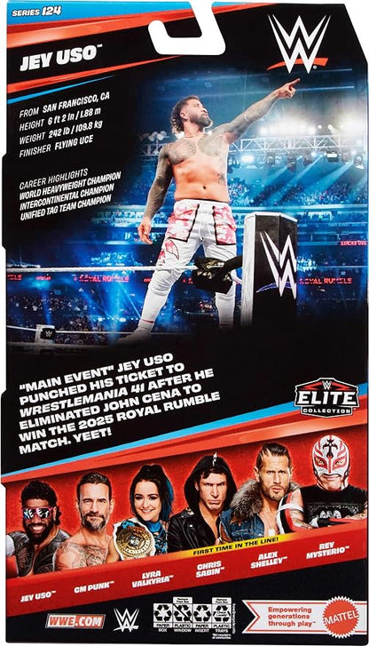 Mattel WWE Elite Action Figure & Accessories, Series #124 Set, 6-inch Collectible Jey USO with 25 Articulation Points & Swappable Hands