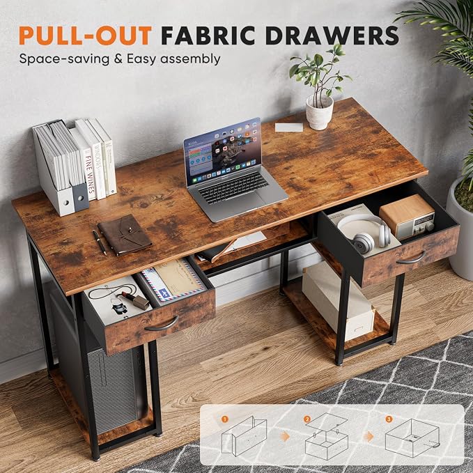 47 Inch Computer Desk with 2 Drawers, Home Office Desk with Wooden Shelves, Study Writing PC Table for Small Spaces, Bedroom, Dorm or Living Room, Rust