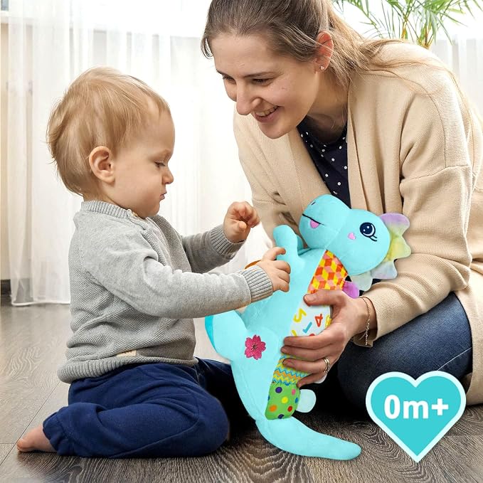 Baby Dino Musical Stuffed Animal Toys for 0-3-6-9-12 Months，Infant Dinosaur Tummy Time Toys with Crinkle Sound Paper,Teether，Textures & Rattles for Newborn Boys Girls Birthday Gifts，Blue