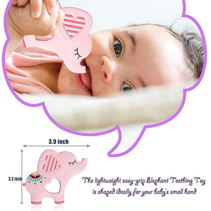 Bigspinach Soft Pink Elephant Teether Toy for Babies 3-6/6-12 Months Silicone Teething Toy Gift for Girls Gum Massager Anxiety Relief Items
