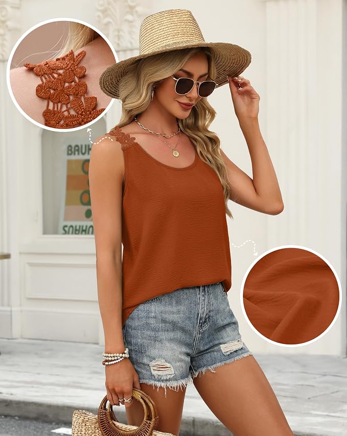 OFEEFAN Tank Top for Women Loose Fit Crew Neck Sleeveless Shirts Strap Lace Camisole Chiffon Summer Tops Curved Hem