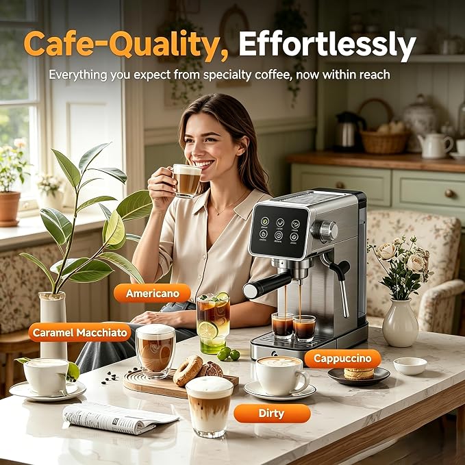 AMZCHEF 20 Bar Home Espresso Coffee Machine | LED Touchscreen, Built-in Milk Frother, Self-Cleaning Function, Makes Latte & Cappuccino, Ideal Coffee Starter Machine