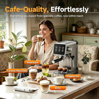 AMZCHEF 20 Bar Home Espresso Coffee Machine | LED Touchscreen, Built-in Milk Frother, Self-Cleaning Function, Makes Latte & Cappuccino, Ideal Coffee Starter Machine