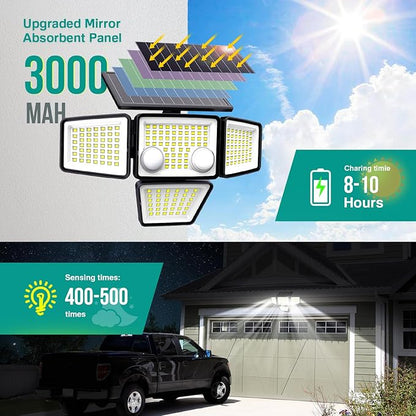Solar Outdoor Lights - 3000LM 188 LED Motion Sensor Outdoor Lights, 4 Heads IP65 Waterproof Powered Security Flood Lights, 270°Wide Lighting Angle Wall Light with Sensors for Backyard Yard