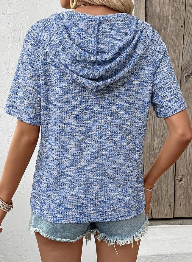 Dokotoo Womens Summer Tops 2026 Short Sleeve Button V Neck Waffle Knit Lightweight Drawstring Hoodies Casual Blouses Shirts