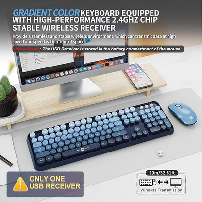 FOPETT Wireless Keyboard and Mouse Combo, 104 Keys Full-Sized 2.4 GHz Round Keycap Colorful Keyboards, USB Receiver Plug and Play, for Windows, Mac, PC, Laptop, Desktop (GradientBlue)