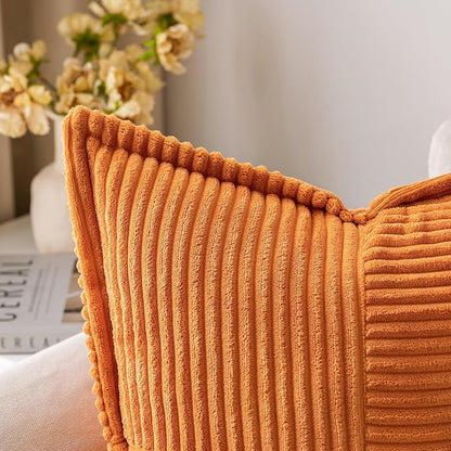 MIULEE Fall Burnt Orange Decorative Lumbar Throw Pillow Covers for Couch Bed Livingroom 12x20 Inch Set of 2 Boho Accent Throw Pllows Broadside Striped Patchwork Soft Corduroy Pillowcases