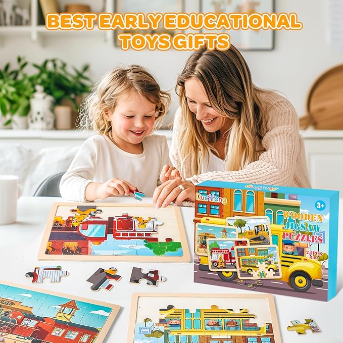 Puzzles for Kids Ages 4-6, 4 Packs 24 Pcs Wooden Jigsaw Puzzles for Toddlers Ages 2-4, Preschool Educational Vehicle Puzzle Toys Gifts for 3 4 5 6 Boys Girls