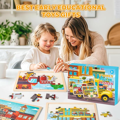 Puzzles for Kids Ages 4-6, 4 Packs 24 Pcs Wooden Jigsaw Puzzles for Toddlers Ages 2-4, Preschool Educational Vehicle Puzzle Toys Gifts for 3 4 5 6 Boys Girls