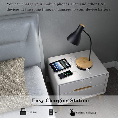 Metal Desk Lamp Wireless Charging Table Lamp Touch Reading Lights Arc Desk Lamps for Bedroom, 3 Way Dimmable Bedside Lamp with USB Charging Ports, Reading Lamp for Study Room and Office (Black-02)