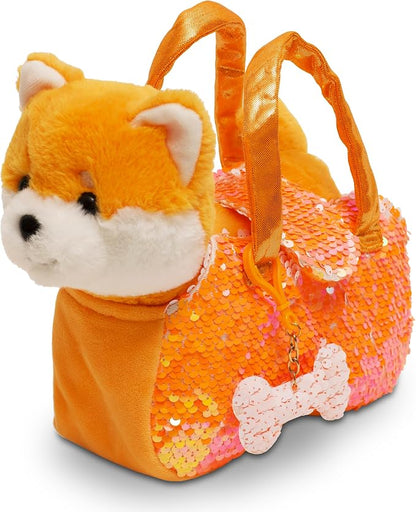 Little Jupiter Pet Plush Set with Purse w/Reversible Sequins & Charm - Stuffed Animal Toy for Kids Ages 4-7 - Stuffed Animal Purse - Stuffed Animals for Girls - (Orange Shiba Inu)
