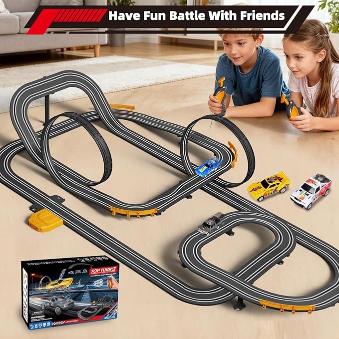 Slot Car Race Track with 4 High-Speed Racing Cars Battery or Electric Race Car Toy for Kids Boys, Dual Racing Game 2 Hand Controllers Toys for Girls Children Age 6,7,8-12 Years Old