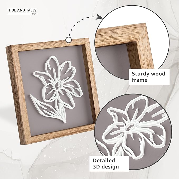 Tide and Tales 3D Botanical Floral Wall Art (Framed Set of 2) Ready-to-Hang Lightweight Boho Decor for Walls, Nature-Inspired Home Decorations with Natural Earthy Tones for Bedroom or Bathroom