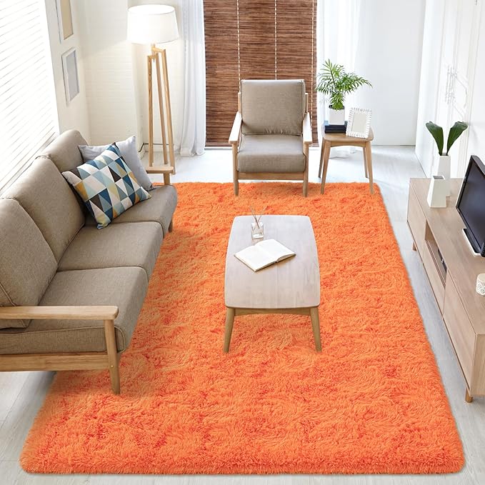 Softlife Area Rug for Living Room, 5x8 Feet Plush Fluffy Rug for Bedroom, Orange Furry Shag Rug for Aesthetic Christmas Room Decor, Ultra Soft Modern Fuzzy Faux Fur Carpet for Kids Nursery Room Dorm
