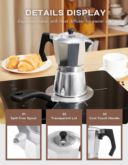 2Pcs - 1 Moka Pot Espresso + 5.5 Inch Stainless Steel Induction Plate Adapter, 6 Cup Aluminium Italian Stovetop Espresso Maker, Transparent Cover, Portable Coffee Maker for Camping