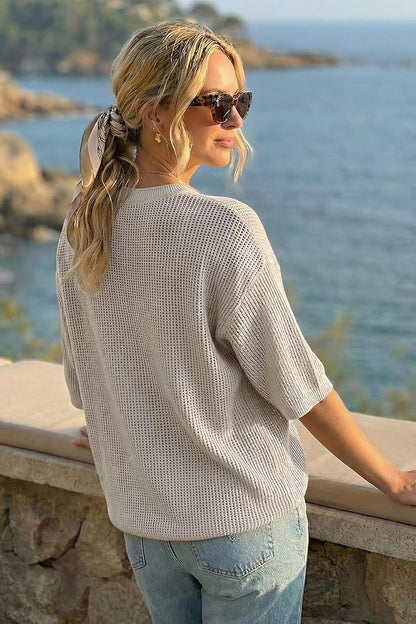 Arach&Cloz Womens Summer 100% Cotton Oversized Crochet Tops 3/4 Length Sleeve Sweater Hollow Out Casual Blouses 2026