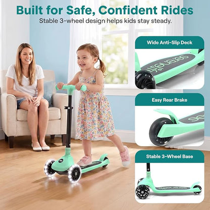 SereneLife Toddler Scooter, Adjustable Micro Scooter for Ages 2-5, Lightweight Kids 3 Wheel Design with LED Light-Up Wheels, Anti-Slip Deck & Lean-to-Steer Control, Indoor/Outdoor Use (Mint Green)